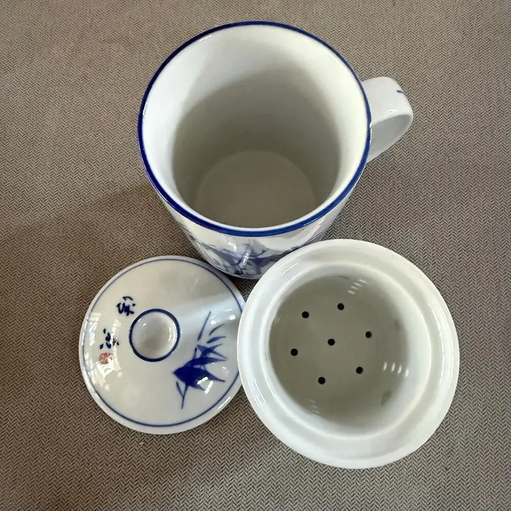 Blue White Bamboo Ceramic Tea Mug with Infuser Strainer & Lid Asian Style
